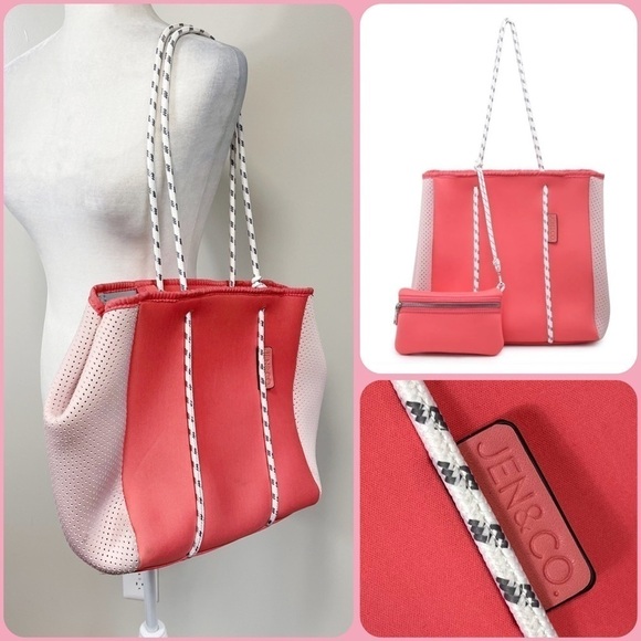 Jen & Co. Meribella Neoprene Tote Coral Rope Handles Tote Bag & Matching Pouch - Picture 1 of 16